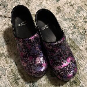 Dansko Black and Purple Patterned Clogs
